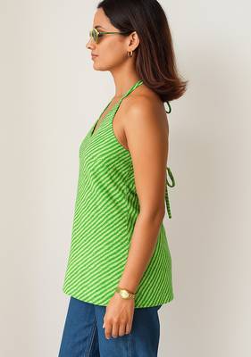 Women   s 100% cotton printed halter neck short kurti     back elastic, side slits, tie-up neck | casual summer wear 2