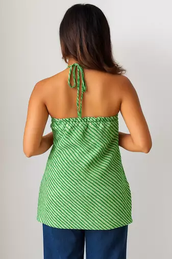 Women   s 100% cotton printed halter neck short kurti     back elastic, side slits, tie-up neck | casual summer wear