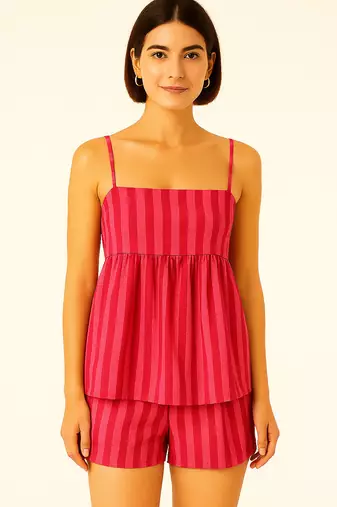 Women pink and red stripes printed cotton linen peplum strap top with elastic waist shorts co-ord set