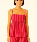 Women pink and red stripes printed cotton linen peplum strap top with elastic waist shorts co-ord set