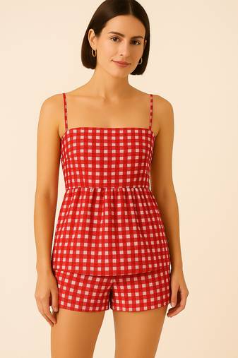 Women red gingham printed cotton linen peplum strap top with elastic waist shorts co-ord set
