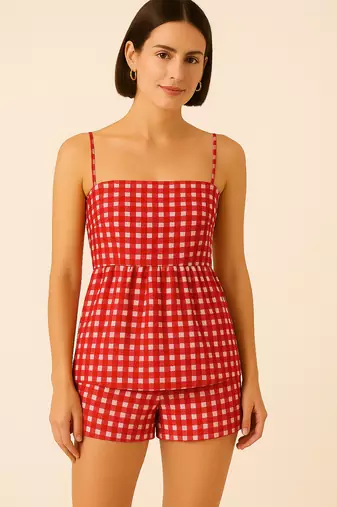 Women red gingham printed cotton linen peplum strap top with elastic waist shorts co-ord set