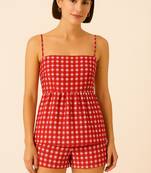 Women red gingham printed cotton linen peplum strap top with elastic waist shorts co-ord set