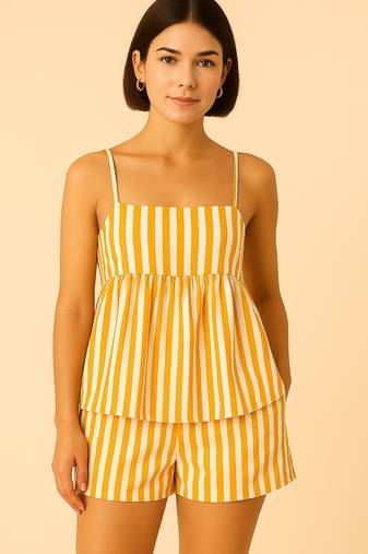 Women yellow stripes printed cotton linen peplum strap top with elastic waist shorts co-ord set