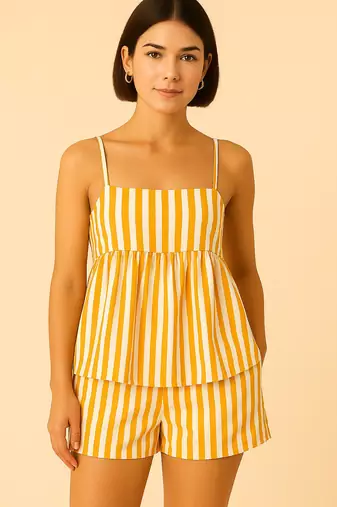 Women yellow stripes printed cotton linen peplum strap top with elastic waist shorts co-ord set