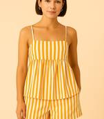 Women yellow stripes printed cotton linen peplum strap top with elastic waist shorts co-ord set