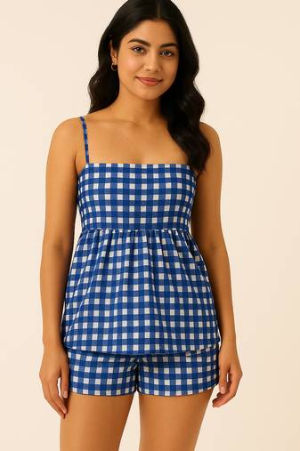 Women blue gingham printed cotton linen peplum strap top with elastic waist shorts co-ord set