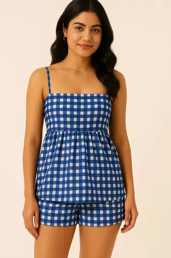 Women blue gingham printed cotton linen peplum strap top with elastic waist shorts co-ord set