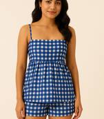 Women blue gingham printed cotton linen peplum strap top with elastic waist shorts co-ord set