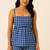 Women blue gingham printed cotton linen peplum strap top with elastic waist shorts co-ord set