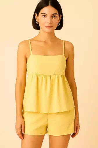 Women beiege cotton linen peplum strap top with elastic waist shorts co-ord set