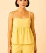 Women beiege cotton linen peplum strap top with elastic waist shorts co-ord set