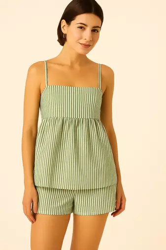 Women green striped 100% cotton peplum strap top with elastic waist shorts co-ord set