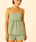 Women green striped 100% cotton peplum strap top with elastic waist shorts co-ord set