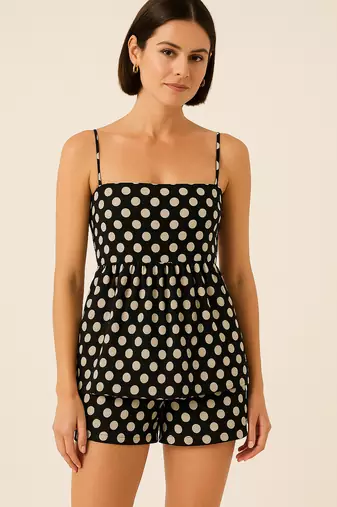 Women polka dot cotton linen peplum strap top with elastic waist shorts co-ord set