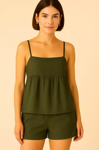 Women olive green cotton linen peplum strap top with elastic waist shorts co-ord set