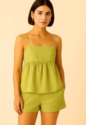 Women pistachio cotton linen peplum strap top with elastic waist shorts co-ord set 1