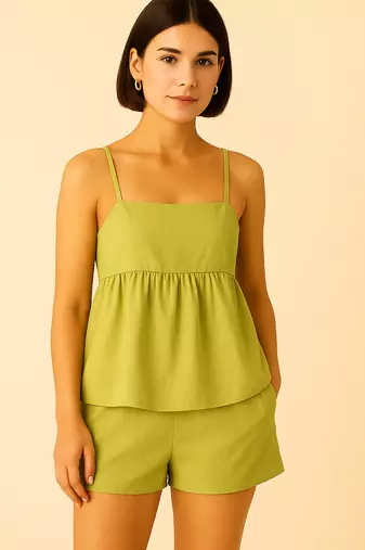 Women pistachio cotton linen peplum strap top with elastic waist shorts co-ord set