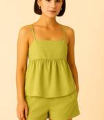 Women pistachio cotton linen peplum strap top with elastic waist shorts co-ord set