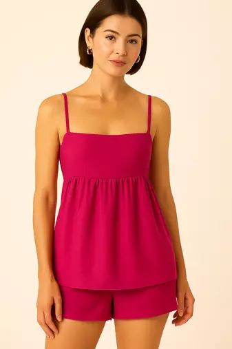 Women hot pink cotton linen peplum strap top with elastic waist shorts co-ord set
