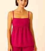Women hot pink cotton linen peplum strap top with elastic waist shorts co-ord set