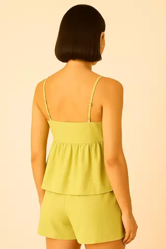 Women pistachio cotton linen peplum strap top with elastic waist shorts co-ord set