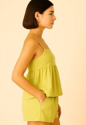 Women pistachio cotton linen peplum strap top with elastic waist shorts co-ord set 3