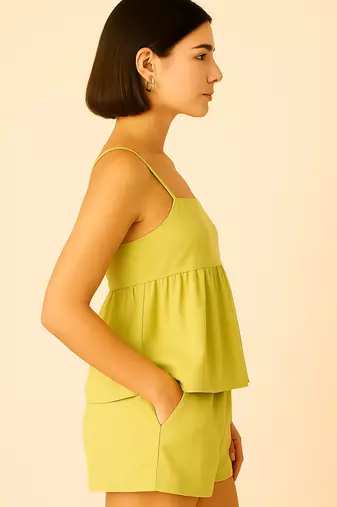 Women pistachio cotton linen peplum strap top with elastic waist shorts co-ord set