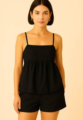 Women black cotton linen peplum strap top with elastic waist shorts co-ord set 1