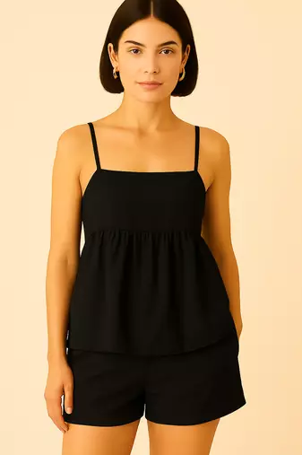 Women black cotton linen peplum strap top with elastic waist shorts co-ord set