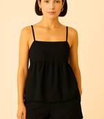 Women black cotton linen peplum strap top with elastic waist shorts co-ord set