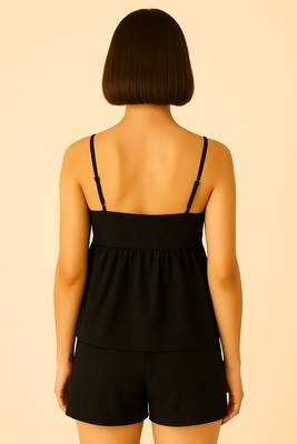 Women black cotton linen peplum strap top with elastic waist shorts co-ord set 2
