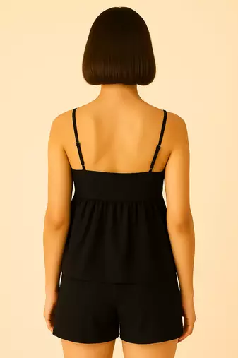 Women black cotton linen peplum strap top with elastic waist shorts co-ord set
