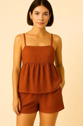 Women rust brown cotton linen peplum strap top with elastic waist shorts co-ord set