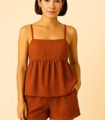 Women rust brown cotton linen peplum strap top with elastic waist shorts co-ord set
