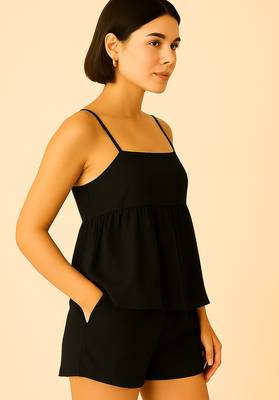 Women black cotton linen peplum strap top with elastic waist shorts co-ord set 3