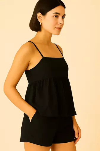 Women black cotton linen peplum strap top with elastic waist shorts co-ord set