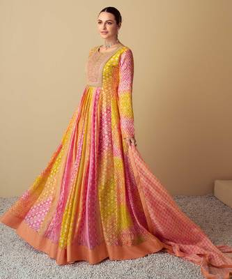 Multi embroidery, print & sequins work muslin gown  - free size stitching (size upto 42") 1