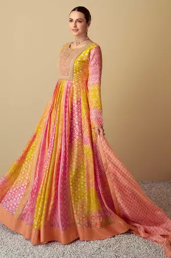 Multi embroidery, print & sequins work muslin gown  - free size stitching (size upto 42")