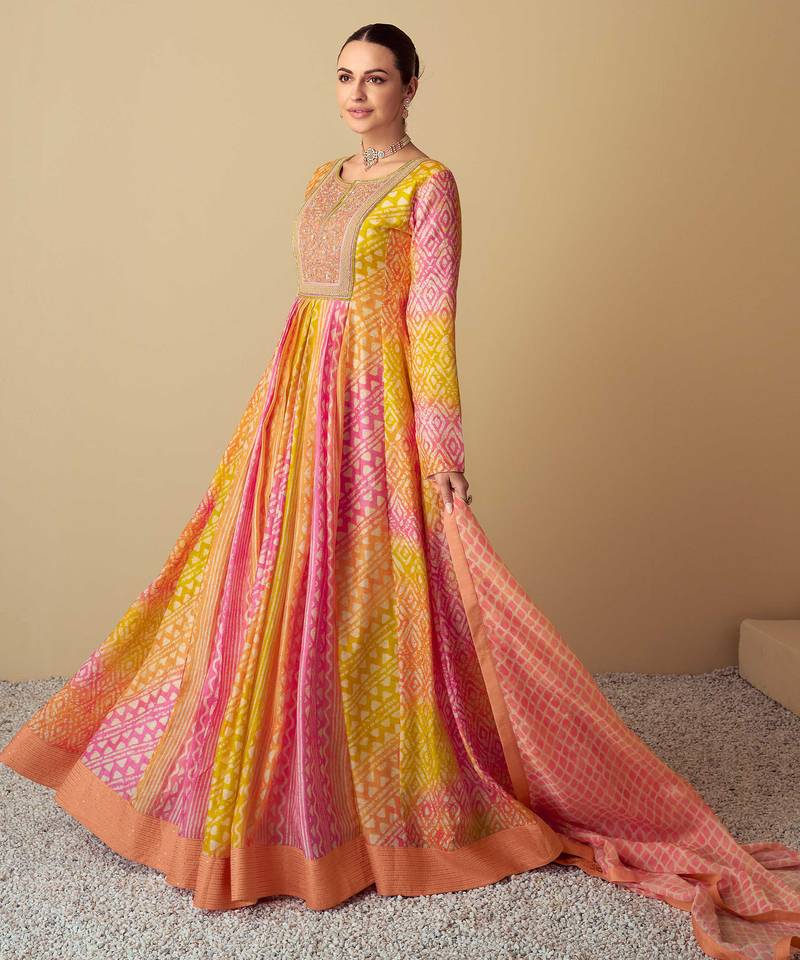 Multi embroidery, print & sequins work muslin gown  - free size stitching (size upto 42")