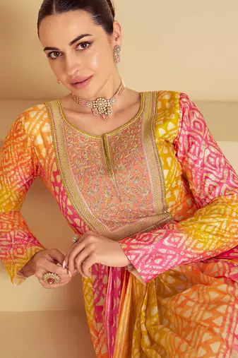 Multi embroidery, print & sequins work muslin gown  - free size stitching (size upto 42")