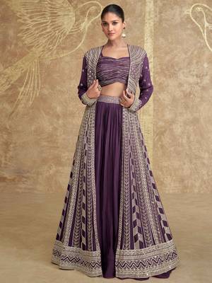 Purple embroidery & sequins work chinnon silk blouse lehenga  - free size stitching (size upto 42") 1