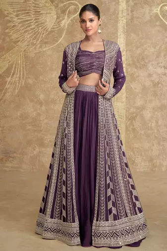 Purple embroidery & sequins work chinnon silk blouse lehenga  - free size stitching (size upto 42")