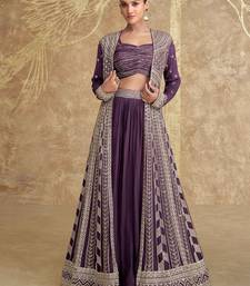 Purple embroidery & sequins work chinnon silk blouse lehenga  - free size stitching (size upto 42")