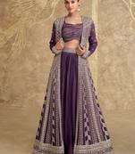 Purple embroidery & sequins work chinnon silk blouse lehenga  - free size stitching (size upto 42")
