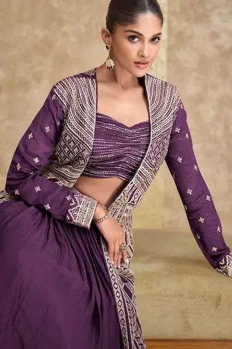 Purple embroidery & sequins work chinnon silk blouse lehenga  - free size stitching (size upto 42")