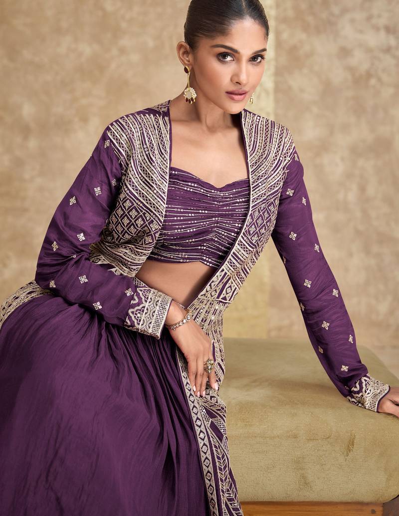Purple embroidery & sequins work chinnon silk blouse lehenga  - free size stitching (size upto 42")