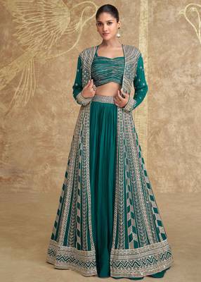 Teal green embroidery & sequins work chinnon silk blouse lehenga  - free size stitching (size upto 42") 1