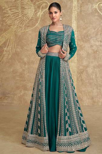 Teal green embroidery & sequins work chinnon silk blouse lehenga  - free size stitching (size upto 42")