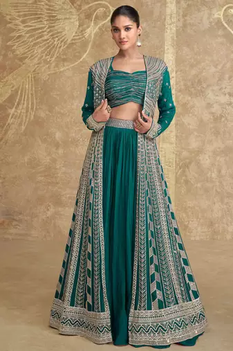 Teal green embroidery & sequins work chinnon silk blouse lehenga  - free size stitching (size upto 42")